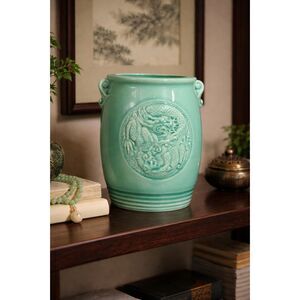 Vintage Celadon Dragon Phoenix Vase Crackle Glaze 5" Turquoise